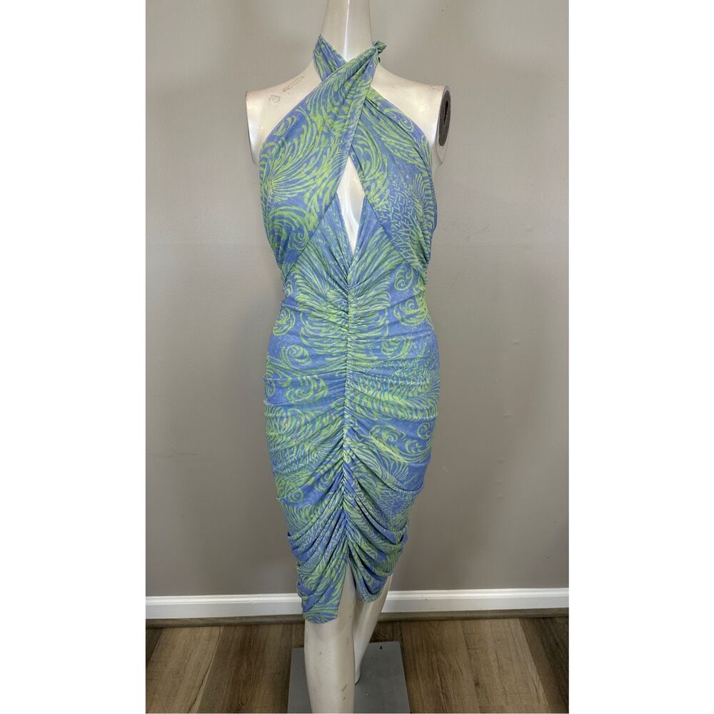NWT Beatriz Camacho Printed Ruched Convertible Halter Bodycon Dress Blue Size 6